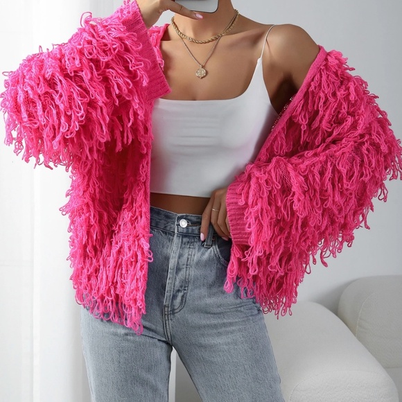 Hot Pink Fuzzy Open Knit Cardigan - Picture 1 of 9